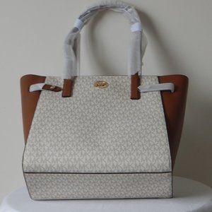 NWT MICHAEL KORS CARMEN MK Monogram LARGE  TZ VANILLA BROWN Tote Shoulder Bag…